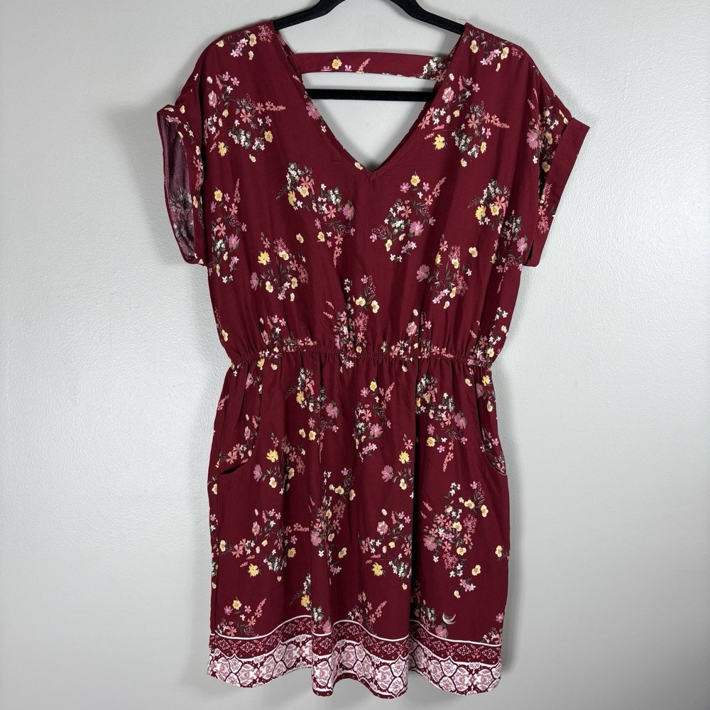 Pink Rose Women's Large Maroon Floral V Neck‎ Short Sleeve Pullover Skirt Romper